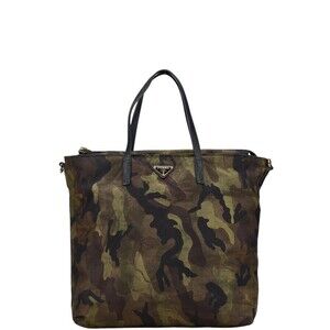 Prada triangular logo plaque camo tote bag Khaki Green black nylon leather